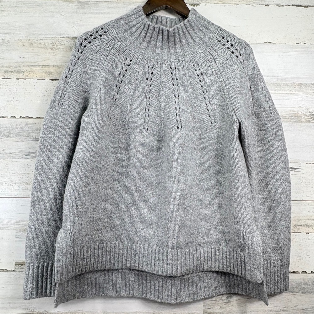 Banana Republic Alpaca Blend Sweater Womens L Gray Mock Neck Pointelle Preppy